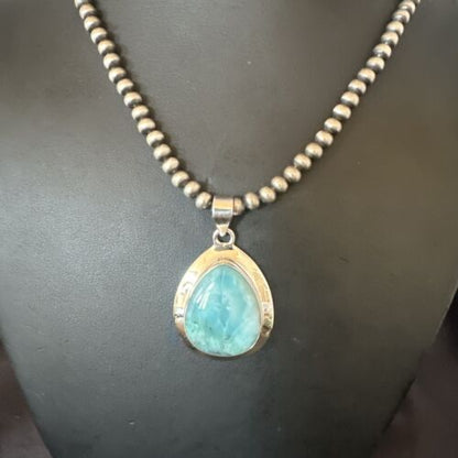 Navajo Blue Larimar Pendant Necklace | Sterling Silver Beads | Authentic Native American Handmade | 17563