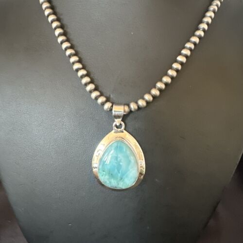 Navajo Blue Larimar Pendant Necklace | Sterling Silver Beads | Authentic Native American Handmade | 17563