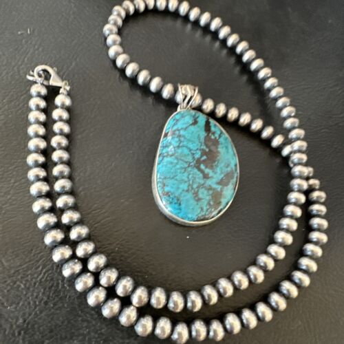 Men's Navajo Blue Spiderweb Turquoise Pendant Necklace | Sterling Silver | Authentic Native American Handmade | 16273