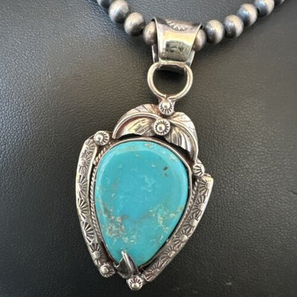 Navajo Blue Turquoise Pendant Necklace | Sterling Silver Pearls | Authentic Native American Handmade | 15646
