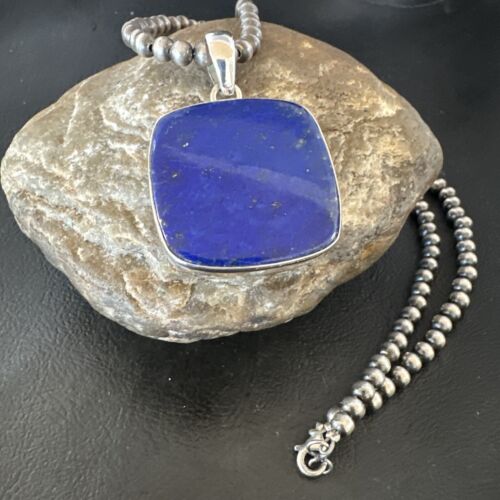 Navajo Blue Lapis Pendant with Pearls | Sterling Silver Necklace | 20" | Authentic Native American Handmade | 16665