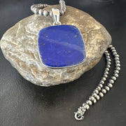 Navajo Blue Lapis Pendant with Pearls | Sterling Silver Necklace | 20" | Authentic Native American Handmade | 16665