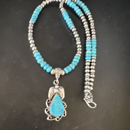 Navajo Blue Turquoise Pendant with Pearls | Sterling Silver Necklace | Authentic Native American Handmade | 15419