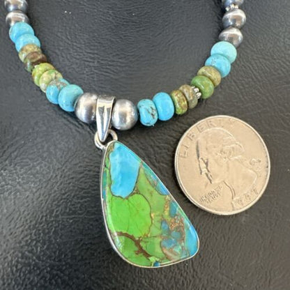 Navajo Blue Green Mojave Turquoise Pendant | Sterling Silver Pearl Necklace | Authentic Native American Handmade | 16921