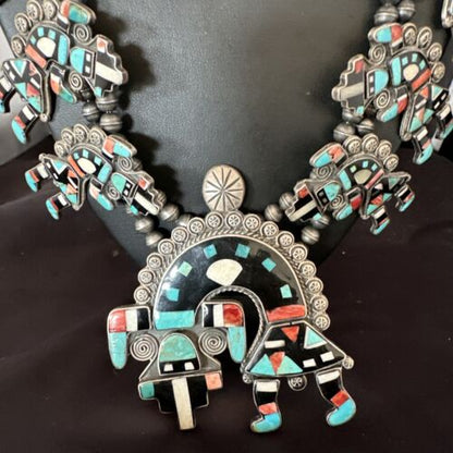 XXL Turquoise Onyx Kokopelli Inlay Squash Blossom Necklace | Sterling Silver | 16177 - Masha USA