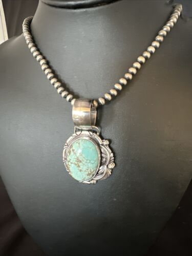 Navajo Blue Golden Hills Turquoise Pendant Necklace | Sterling Silver Pearls | Authentic Native American Handmade | 14997