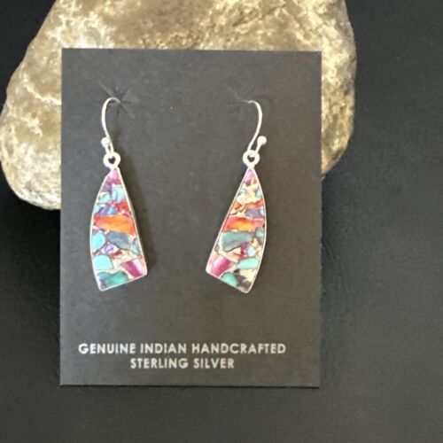 Navajo Blue Turquoise Red Spiny Oyster Inlay Dangle Earrings | Sterling Silver | 15575