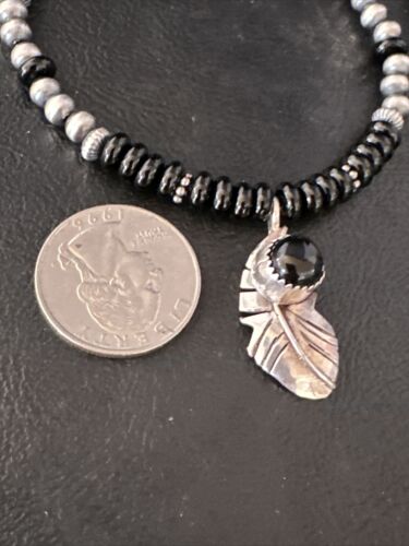 Navajo Black Onyx Pendant | Pearl Sterling Silver Necklace | Authentic Native American Handmade | 14899