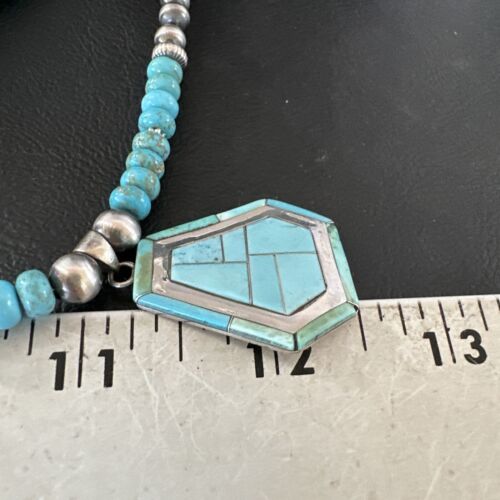 Navajo Turquoise Inlay Pendant Necklace | Sterling Silver | Authentic Native American Handmade | 17077