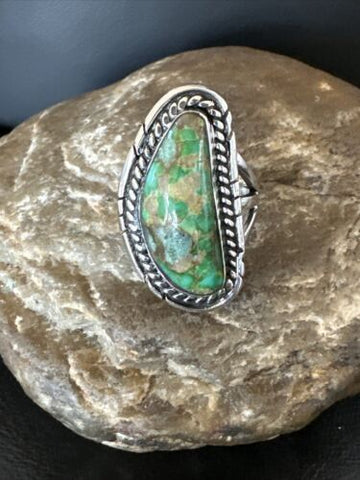 Womens Green Sonoran Turquoise Navajo Sterling Silver Ring Size 8 16393