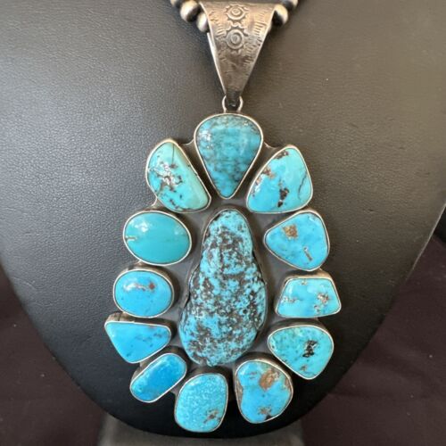 Navajo Blue Kingman Turquoise Cluster Pendant Necklace | Sterling Silver | Authentic Native American Handmade | 16795