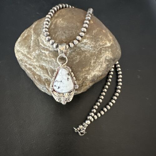 Men's White Buffalo Turquoise Pendant Necklace | Navajo Pearls | Sterling Silver | Native American Handmade | 17335