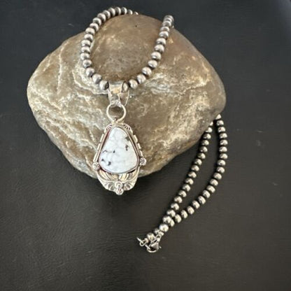 Men's White Buffalo Turquoise Pendant Necklace | Navajo Pearls | Sterling Silver | Native American Handmade | 17335