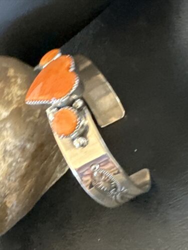 Navajo Orange Spiny Oyster Heart Cuff Bracelet | Sterling Silver | Authentic Native American Handmade | 15349
