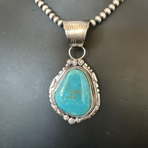 Navajo Pearls Kingman Turquoise Necklace | Sterling Silver | Authentic Native American Handmade | 17131