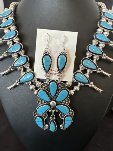 Zuni Kingman Turquoise Inlay Squash Blossom Necklace & Earrings | Sterling Silver | 16544