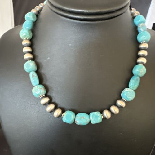 Navajo Blue Turquoise Nugget Necklace | Sterling Silver Pearls | Authentic Native American Handmade | 16" | 16655