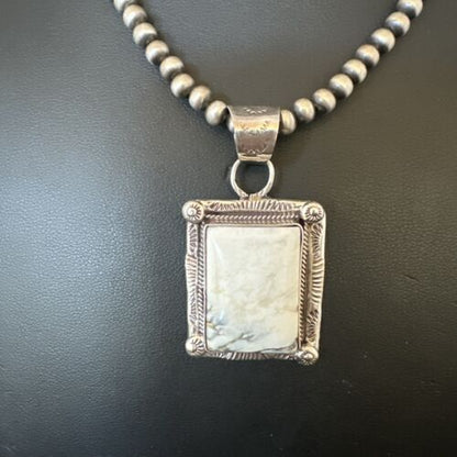 White Buffalo Turquoise Pendant | Navajo Pearls Sterling Silver Necklace | Authentic Native American Handmade | 17104