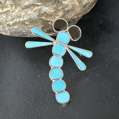 Navajo Blue Kingman Turquoise Dragonfly Inlay Pin Pendant | Sterling Silver | Authentic Native American Handmade | 15169