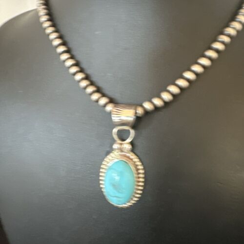 Navajo Pearls Kingman Turquoise Pendant Necklace | Sterling Silver | Authentic Native American Handmade | 17134