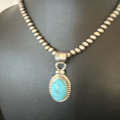 Navajo Pearls Kingman Turquoise Pendant Necklace | Sterling Silver | Authentic Native American Handmade | 17134