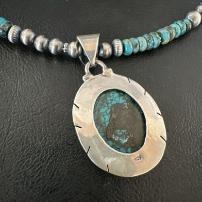 Men's Blue Spiderweb Turquoise Pendant Necklace | Navajo Sterling Silver | Authentic Native American Handmade | 17084