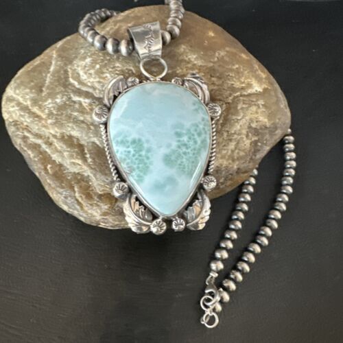 Navajo Blue Larimar Pendant Necklace | Sterling Silver Beads | Authentic Native American Handmade | 15222
