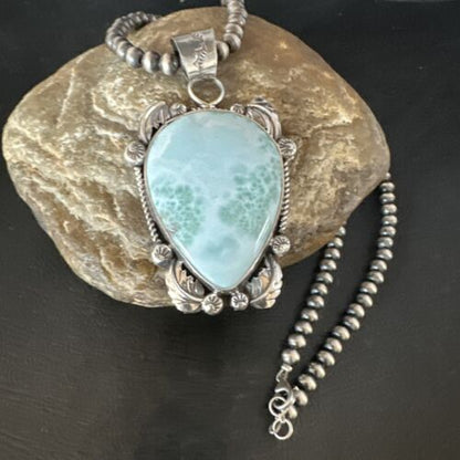 Navajo Blue Larimar Pendant Necklace | Sterling Silver Beads | Authentic Native American Handmade | 15222