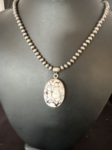 Navajo Wild Horse Turquoise Pendant Necklace | Sterling Silver Pearls | Authentic Native American Handmade | 15716