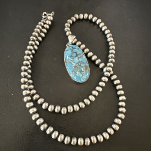 Navajo Blue Spiderweb Turquoise Pendant Necklace | Sterling Silver | Authentic Native American Handmade | 17028