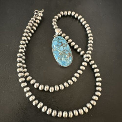 Navajo Blue Spiderweb Turquoise Pendant Necklace | Sterling Silver | Authentic Native American Handmade | 17028