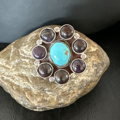 Navajo Blue Kingman Turquoise and Sugilite Cluster Ring | Authentic Native American Sterling Silver | Multi-Stone | Sz 7 | 16773