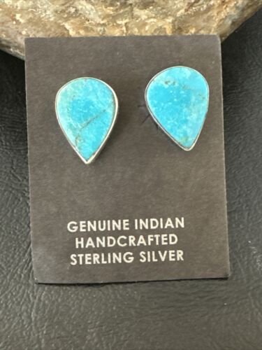 Navajo Blue Kingman Turquoise Post Stud Earrings | Sterling Silver | Authentic Native American Handmade | 17408