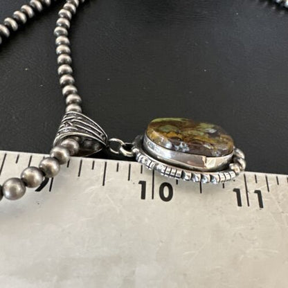 Navajo Green Gaspeite Pendant Necklace | Sterling Silver | Authentic Native American Handmade | 17425