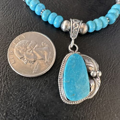 Navajo Blue Turquoise Pendant with Pearls | Sterling Silver Necklace | Authentic Native American Handmade | 15418