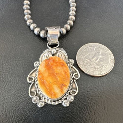 Women's Orange Spiny Oyster Pendant | Navajo Pearls Sterling Silver Necklace 21" | Handmade Jewelry | 16556