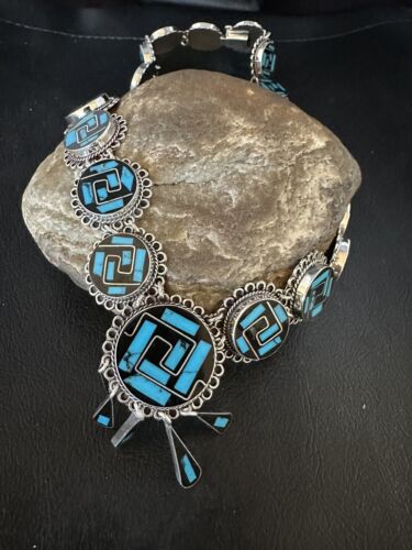Navajo Sterling Silver Turquoise Onyx Choker Necklace | Inlay Pendant | 18" | 15535