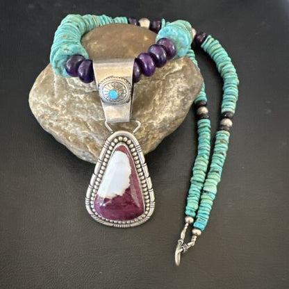 Navajo XL Turquoise Purple Spiny Oyster Pendant Necklace | Sterling Silver | Authentic Native American Handmade | 25" | 17464