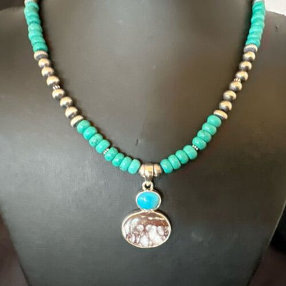 Navajo Wild Horse | Blue Kingman Turquoise Pendant Necklace | Sterling Silver | 17579