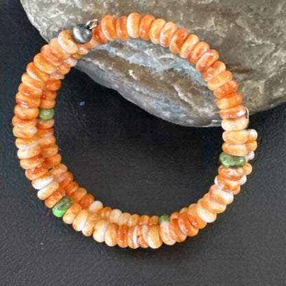 Navajo Orange Spiny Oyster & Green Turquoise Bracelet | 6mm Memory Wire | Authentic Native American Handmade | 17622