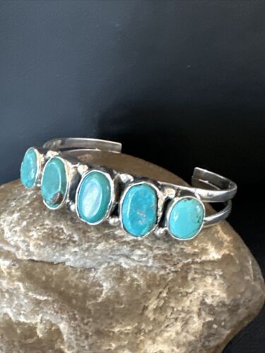 Women's Blue Turquoise 5-Stone Cuff Bracelet | Navajo Sterling Silver | Authentic Native American Jewelry | 16279
