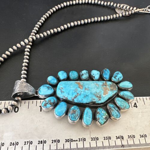 Navajo Blue Kingman Turquoise Cluster Pendant Necklace | Sterling Silver | Authentic Native American Handmade | 16794