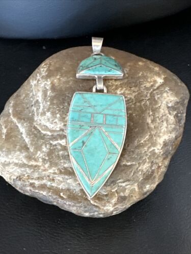 Navajo Sterling Silver Pendant with Gorgeous Blue Turquoise Inlay | Authentic Native American | 3.25" | 15178