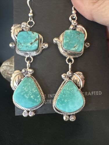 Navajo Blue Kingman Turquoise Dangle Earrings | Sterling Silver | Authentic Native American Handmade | 15185