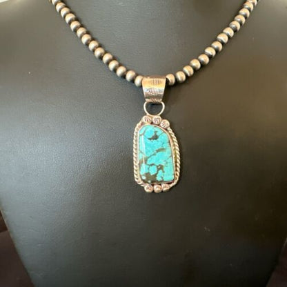 Men's Blue Spiderweb Turquoise Pendant Necklace | Navajo Sterling Silver | Authentic Native American Handmade | 17118