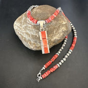 Navajo Red Spiny Oyster Pendant Necklace | Sterling Silver Inlay | Authentic Native American Handmade | 16884