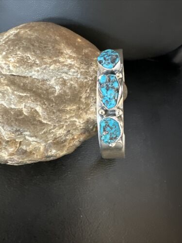 Blue Kingman Turquoise 3 Stone Cuff Bracelet | Navajo Sterling Silver | Authentic Native American Handmade | 15045