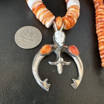 Navajo White Buffalo Turquoise Spiny Naja Pendant Necklace | Sterling Silver | 23" | 15027 - Masha USA