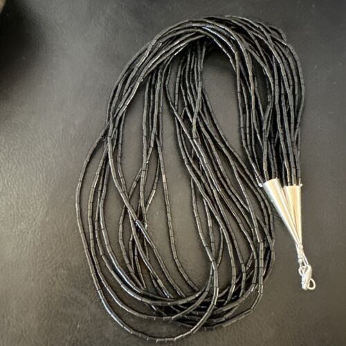 Black Onyx Heishi Tube Necklace | 10 Strand | 24" | Sterling Silver | 16067