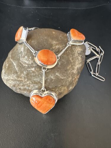 Navajo Lariat Necklace with Orange Spiny Oyster Earrings | Sterling Silver Pendant | 19" | Authentic Native American Handmade | 14955